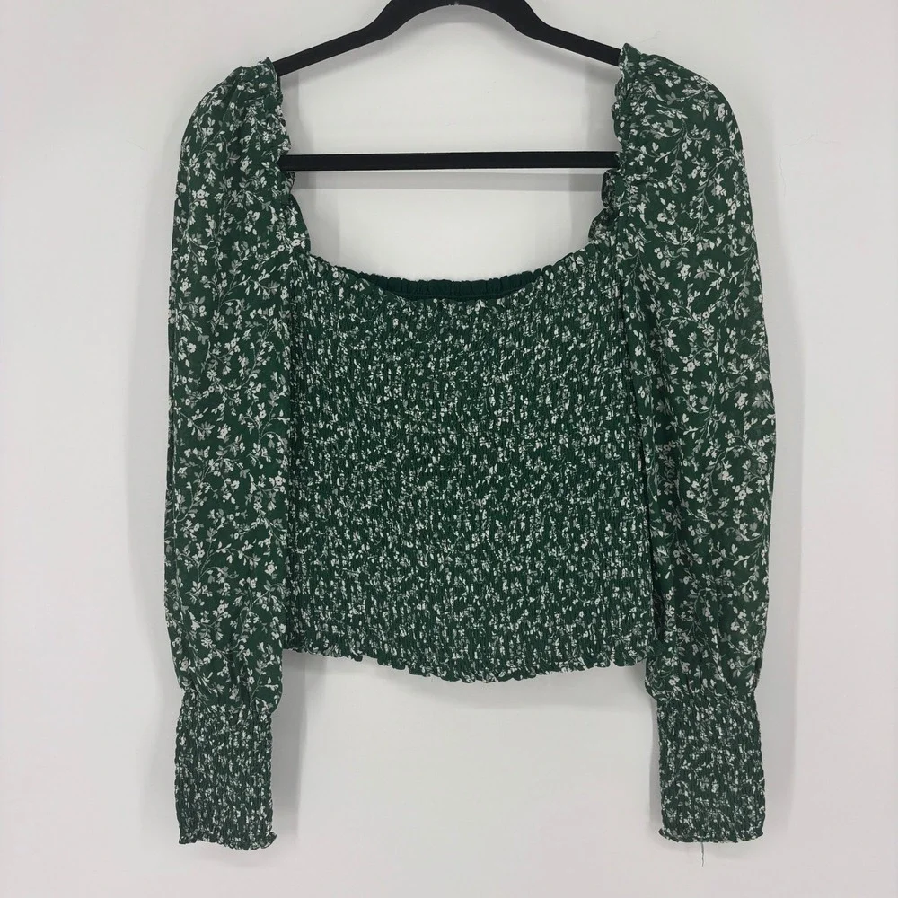 Reformation Pinto Smocked Top Green Parsley Women Size Medium Floral Long Sleeve
